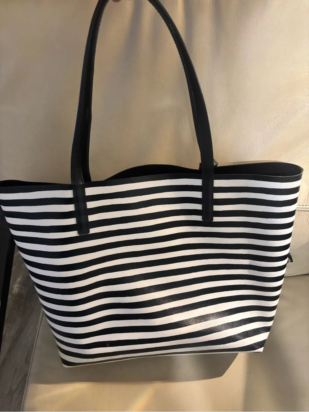 kate spade Black and White Striped Tote with Gold Logo